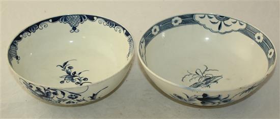 Two Worcester blue and white bowls, c.1780-5, 19.5cm, shallow rim chips